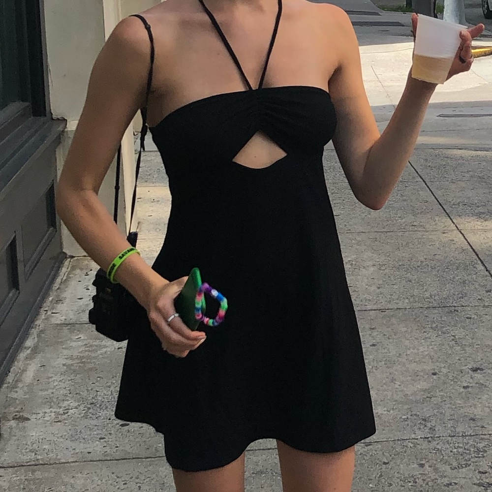 H&M black mini summer dress with halter top and cinch material keyhole style